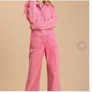 NWT Umgee Stonewash Button-Down Wide Leg Distressed Jumpsuit in Bubble Pink